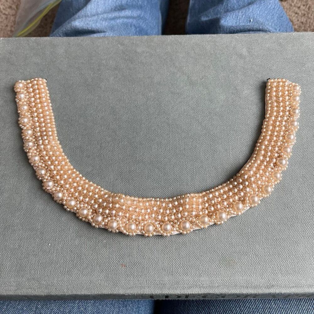 VTG Faux Pearl Beaded Collar Necklace Champagne Mid Century 14”